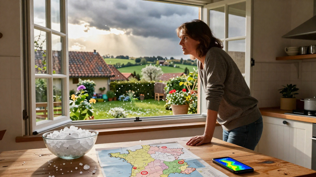 Woman stands by an open window looking outside with a map and phone on the table in a bright kitchen.