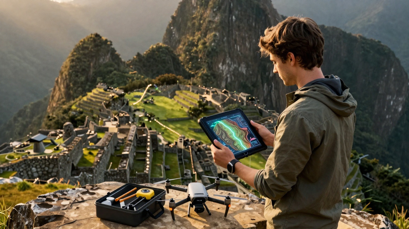 Young man analysing terrain data on a tablet with drone and archaeological site in the background at sunset.