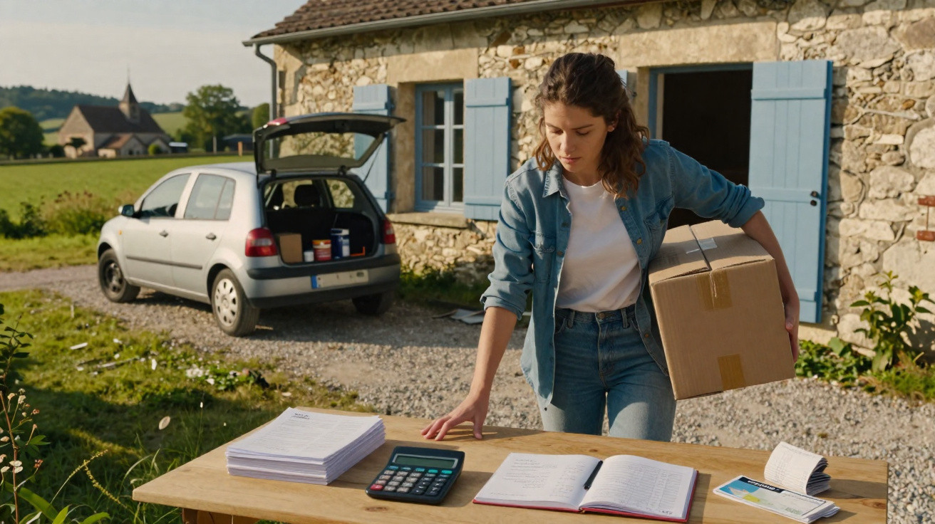 Young woman carrying a cardboard box while organising paperwork on a table outside a stone house in countryside.