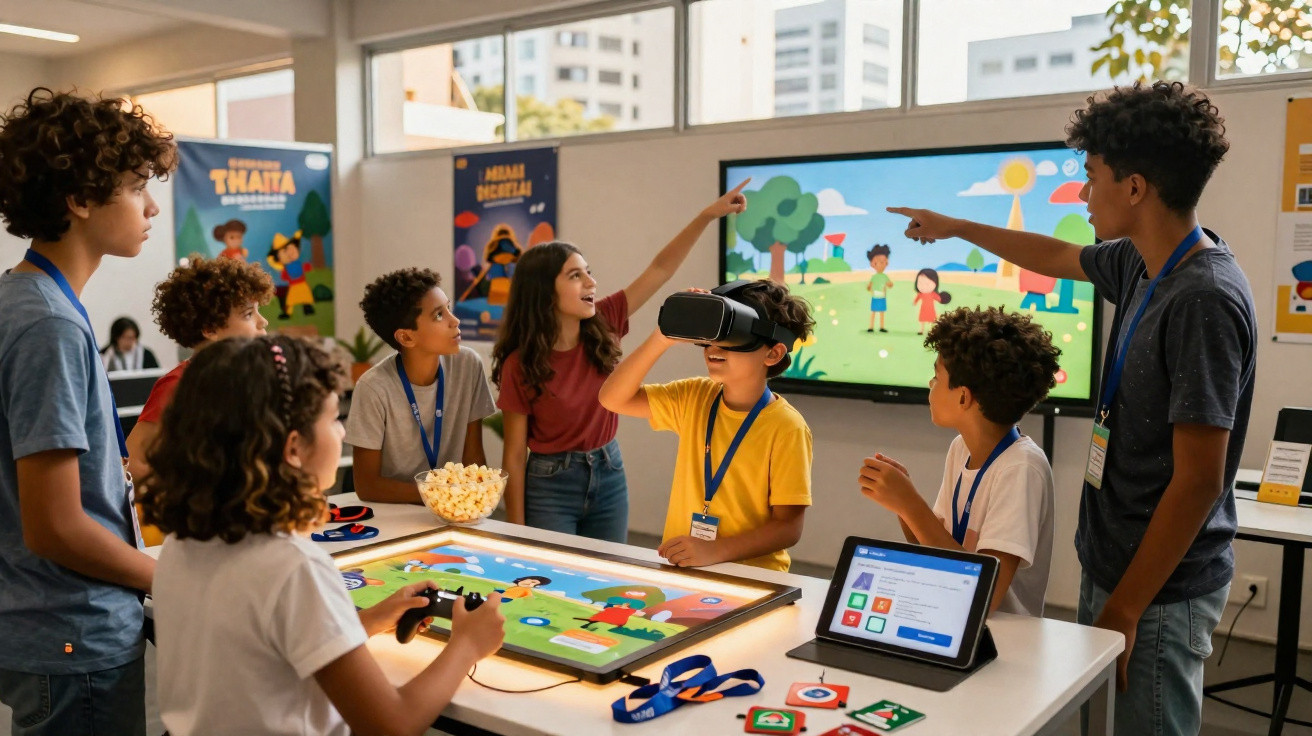Children engaged in a tech workshop using VR headset and interactive screens in a bright classroom.