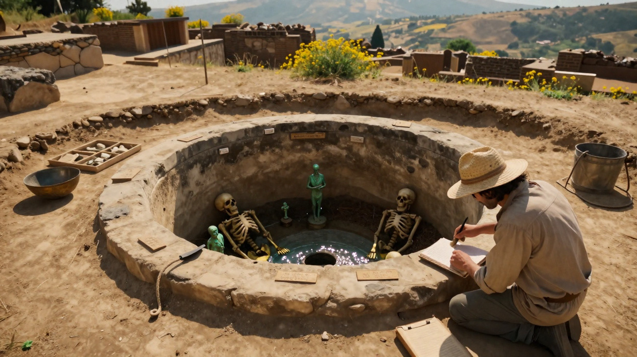 Archaeologist documents ancient circular pit containing two skeletons and statues in an outdoor excavation site.