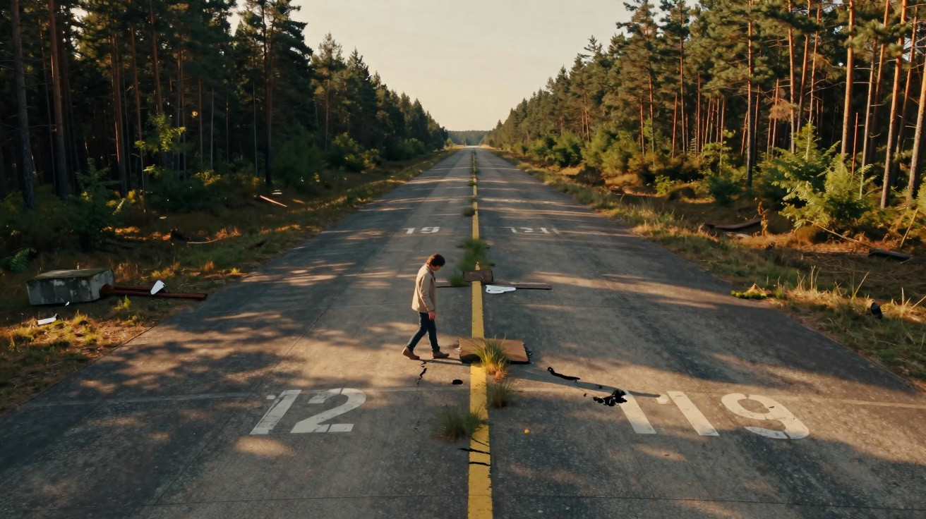 Person walking along the centre line of an abandoned, overgrown runway surrounded by forest trees at sunset.
