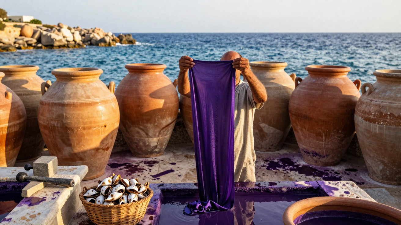 A person dyeing a purple fabric outdoors by the sea, surrounded by large clay pots and a basket of sea snails.