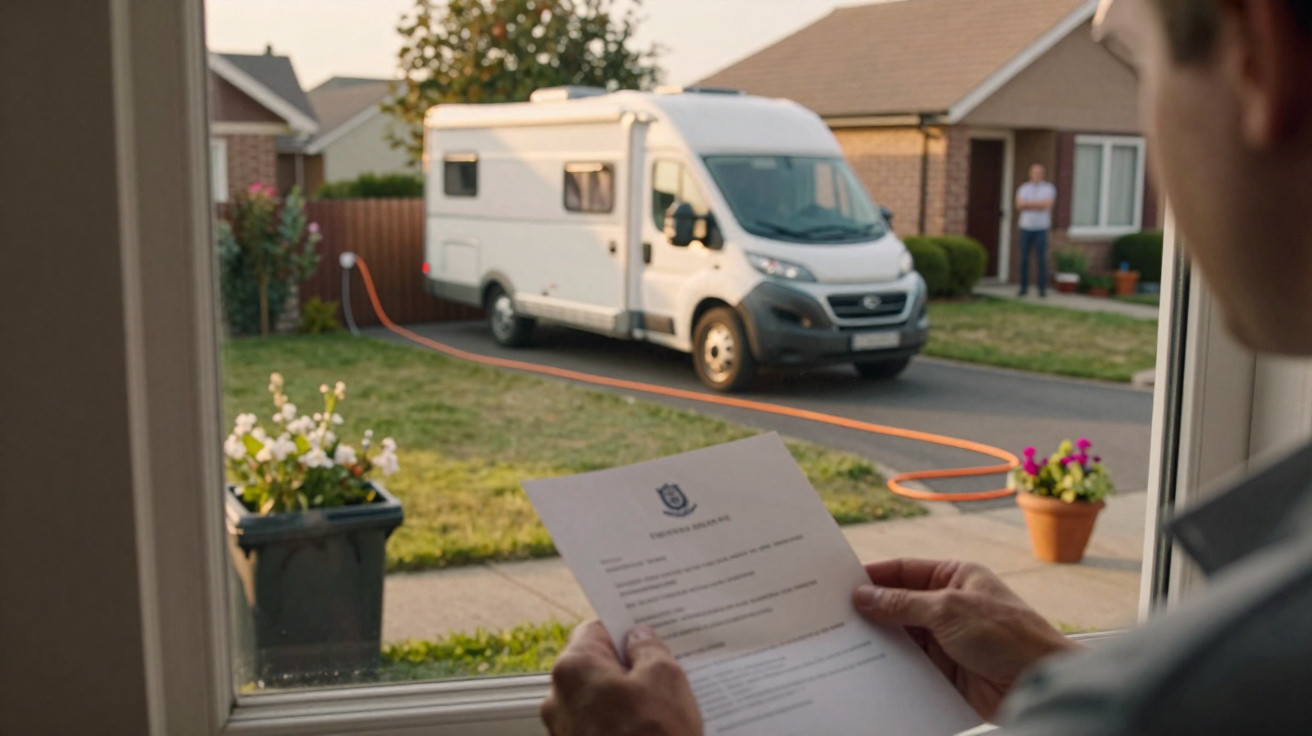 Person holding a document at a window, looking out at a camper van connected by an orange cable outside.