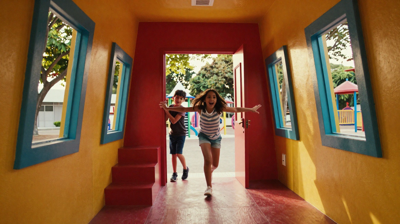 Two children playfully running through a colourful playground structure with windows and an open door.