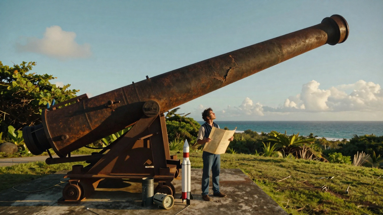 Man holding map standing beside large rusty cannon and model rocket on coastal grassy area under blue sky
