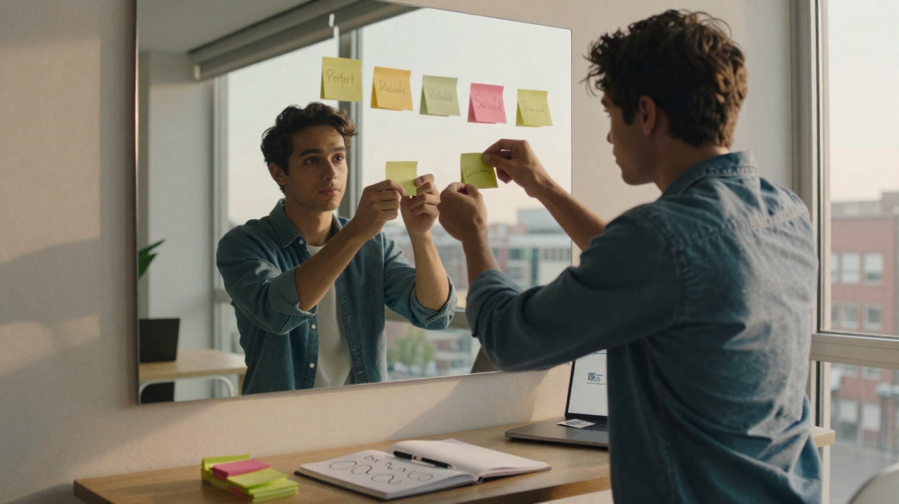 Young man placing sticky notes on a mirror in a home office with a notebook and laptop nearby.