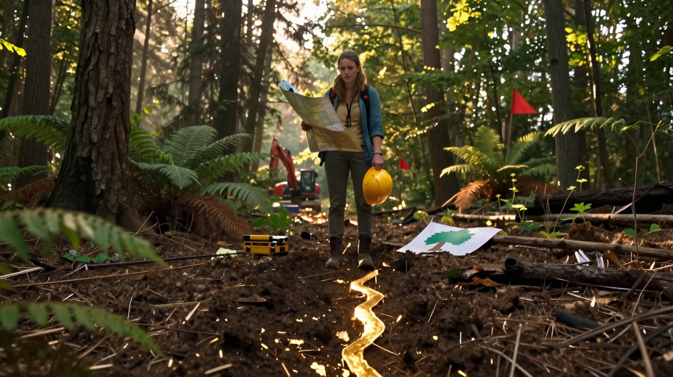 Woman holding a hard hat and reading a map in a forest clearing with a glowing trail on the ground.