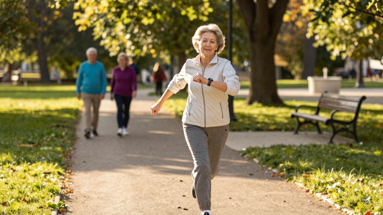 Elderly woman jogging on a sunlit park path with two people walking behind her in autumn.