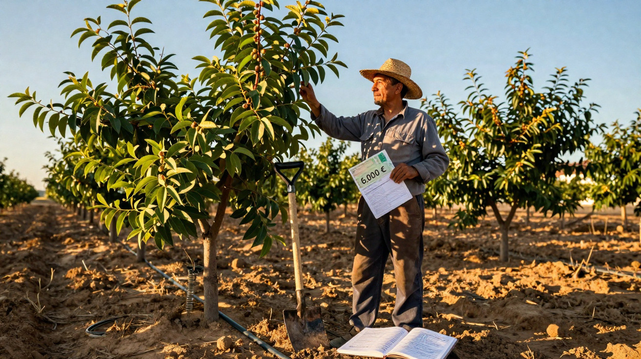 Farmer in a straw hat inspecting a tree in an orchard holding a financial document showing 6,000 euros.