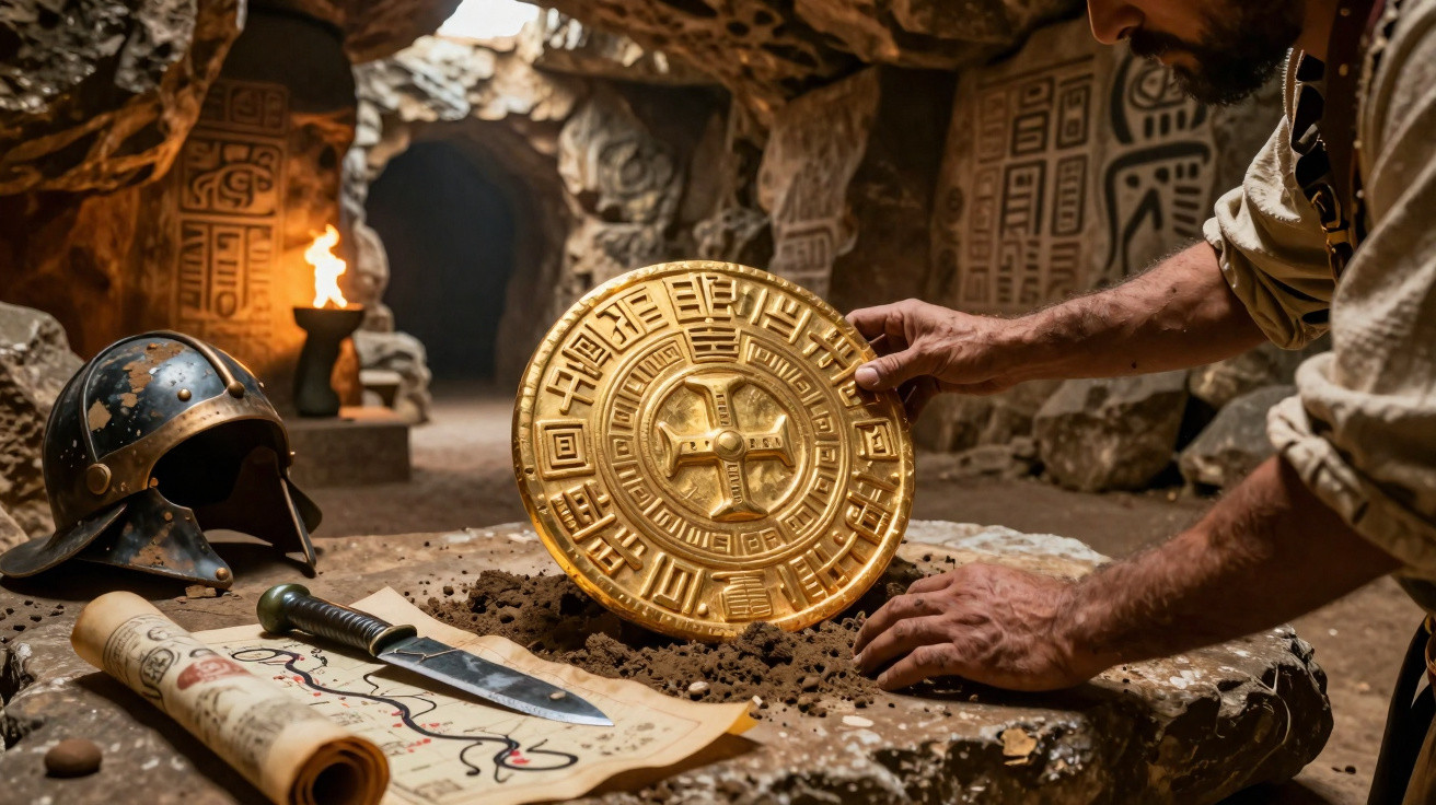 Explorer handling a golden ancient artifact in a decorated cave with helmet, knife, and map on the table.