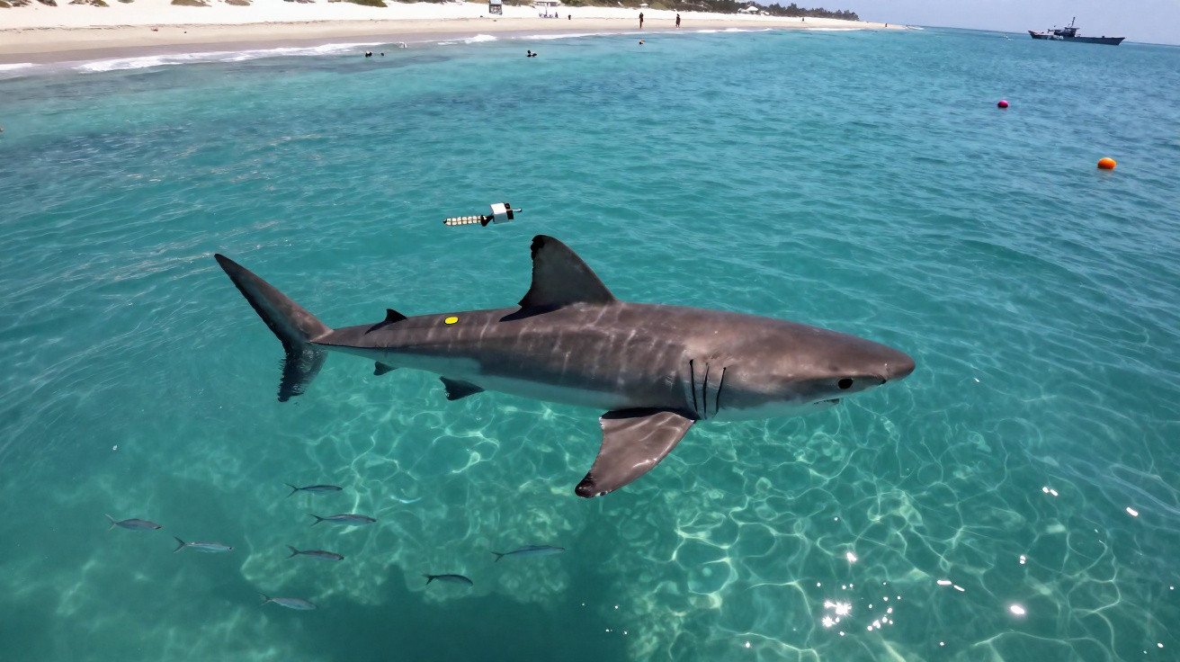 Tiger shark swimming in clear turquoise water with a sandy beach and people in the background.