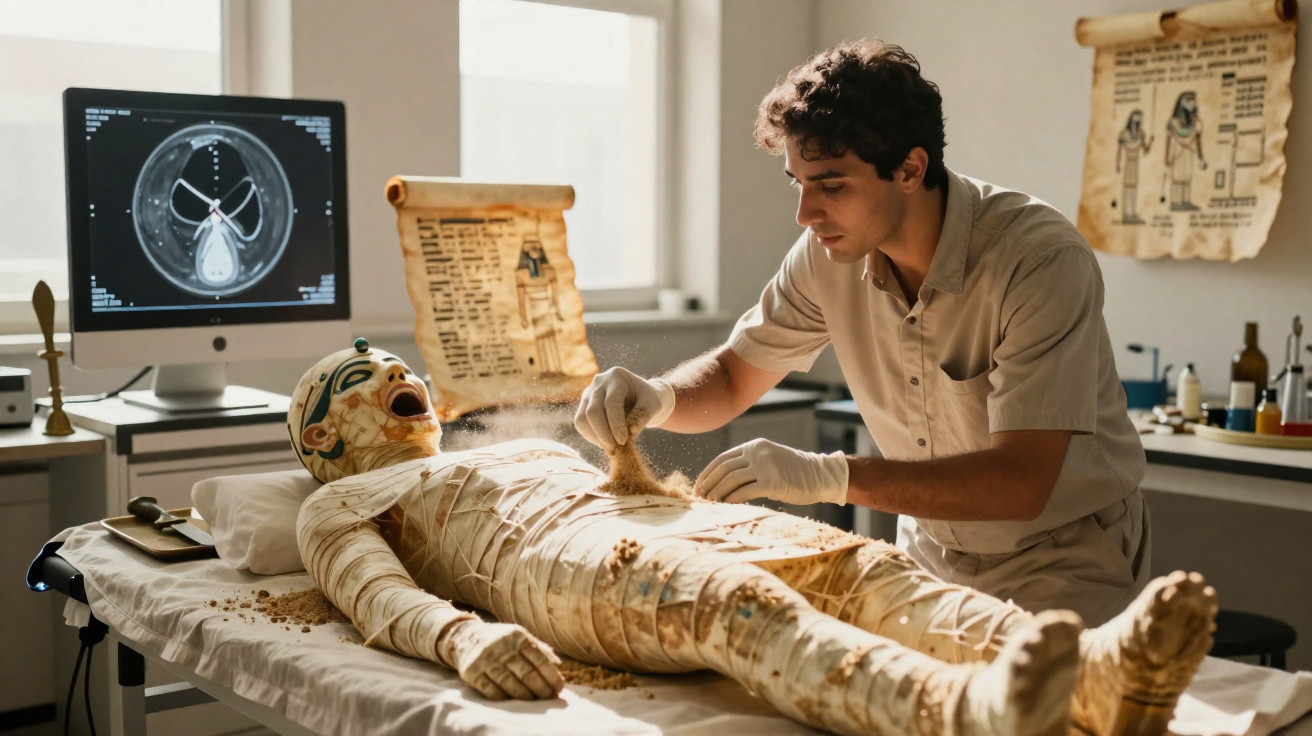 Scientist examining an Egyptian mummy on a table in a laboratory, with ancient scrolls and a computer scan nearby.