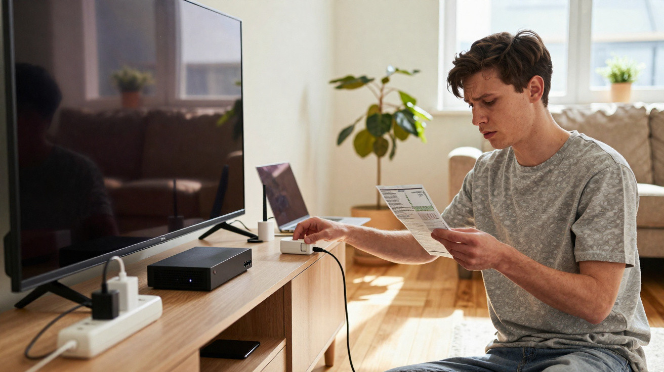 Young man sitting on the floor reading instructions while plugging a device into a power strip next to a TV.