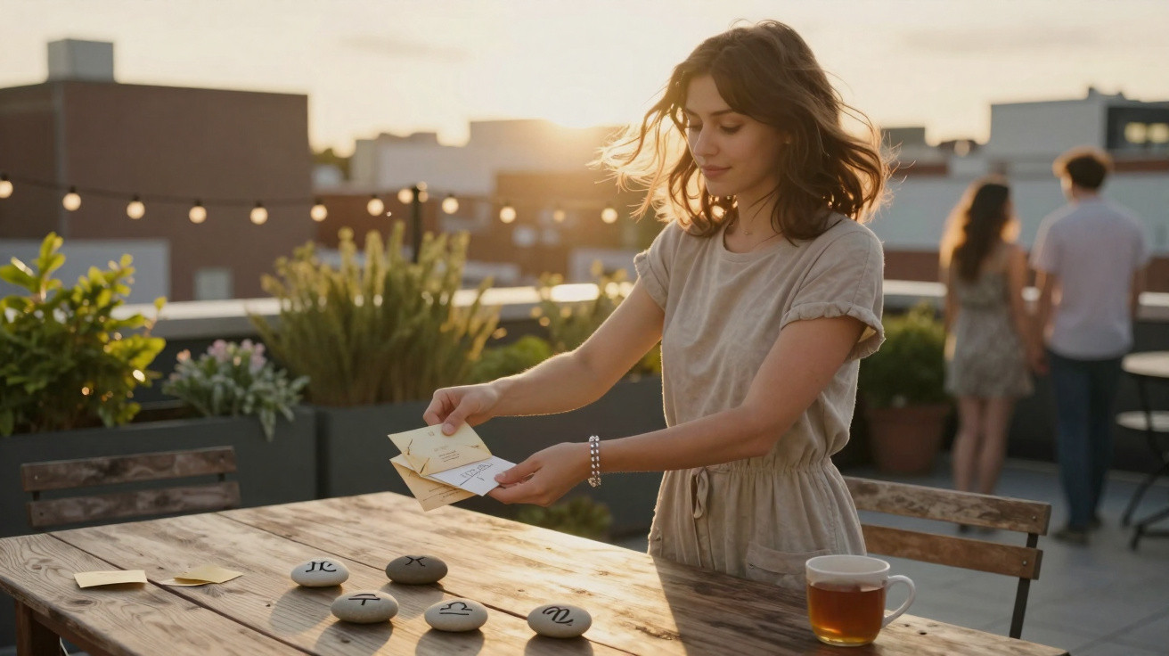 Young woman reading letters by a table with zodiac stones and tea on a rooftop at sunset.