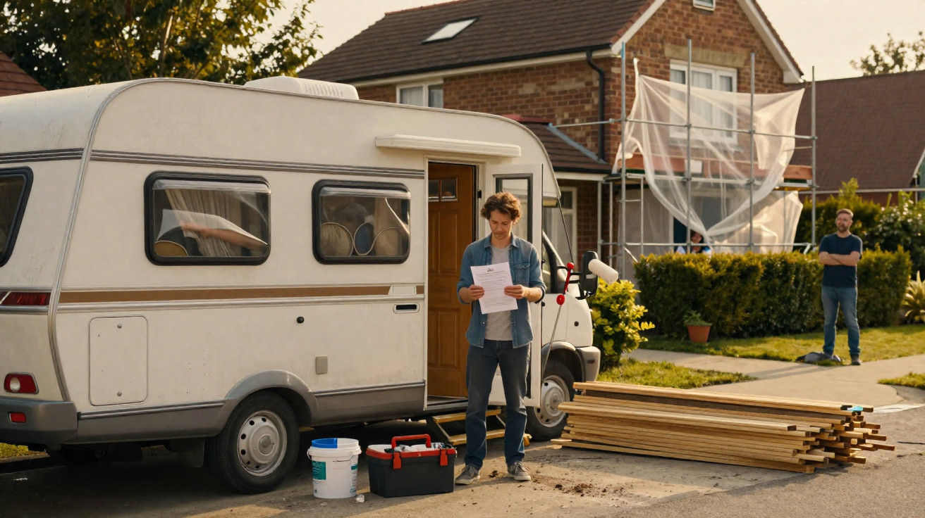 Man reading documents outside a white camper van with tools and wooden planks on a suburban street.