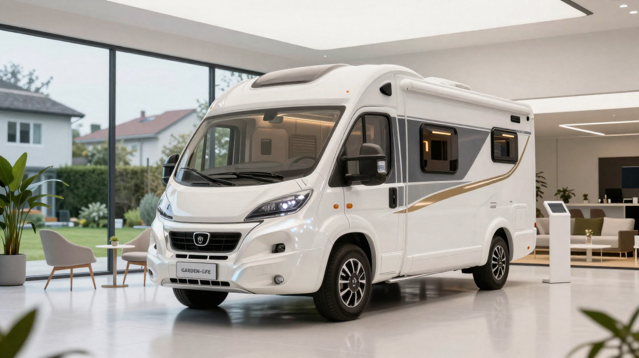 White modern campervan displayed indoors with large windows showing a garden and houses outside.