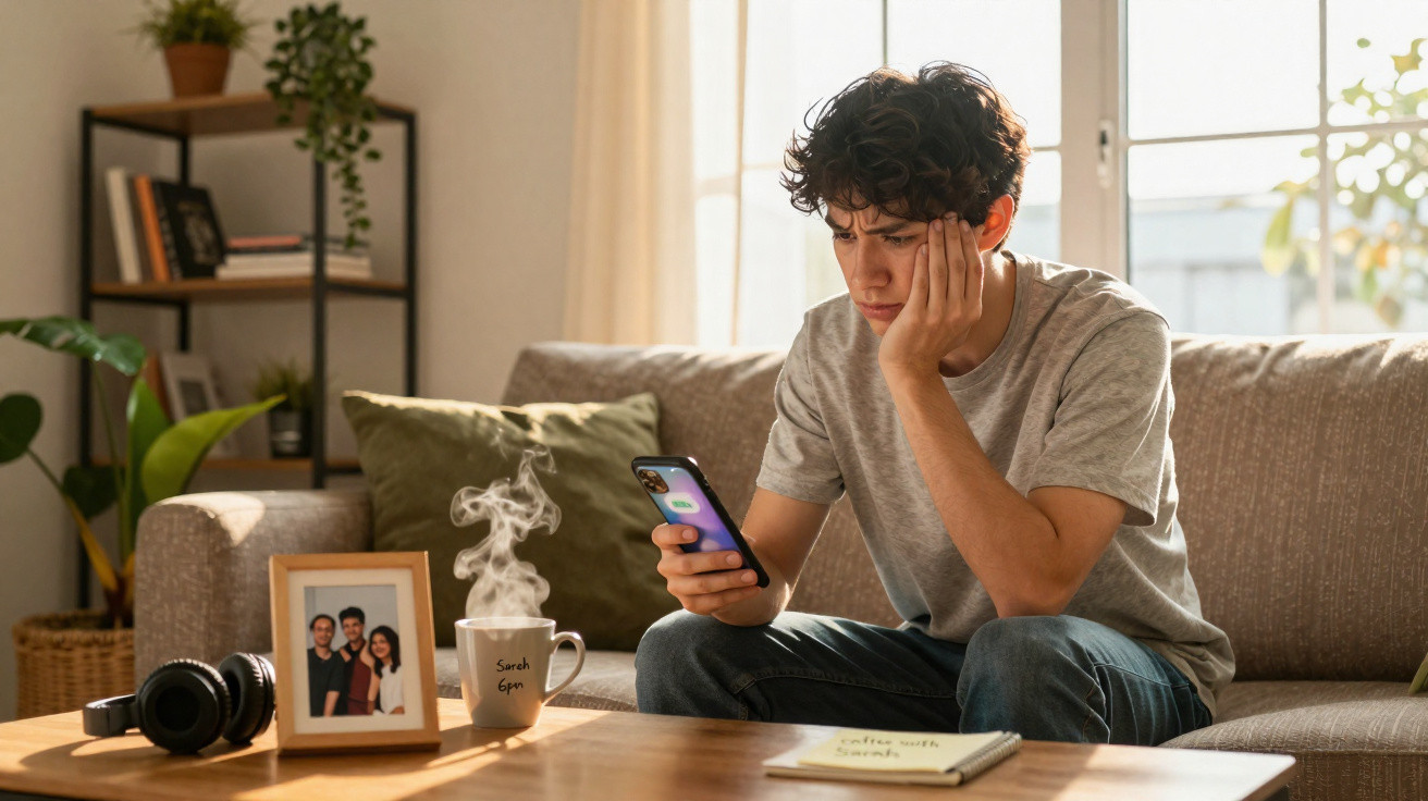 Young man looking worried while checking his phone seated on a sofa in a sunlit living room.