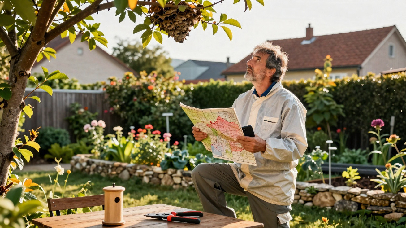 Man in a garden observing a large wasp nest while holding a map and a phone near a wooden table.