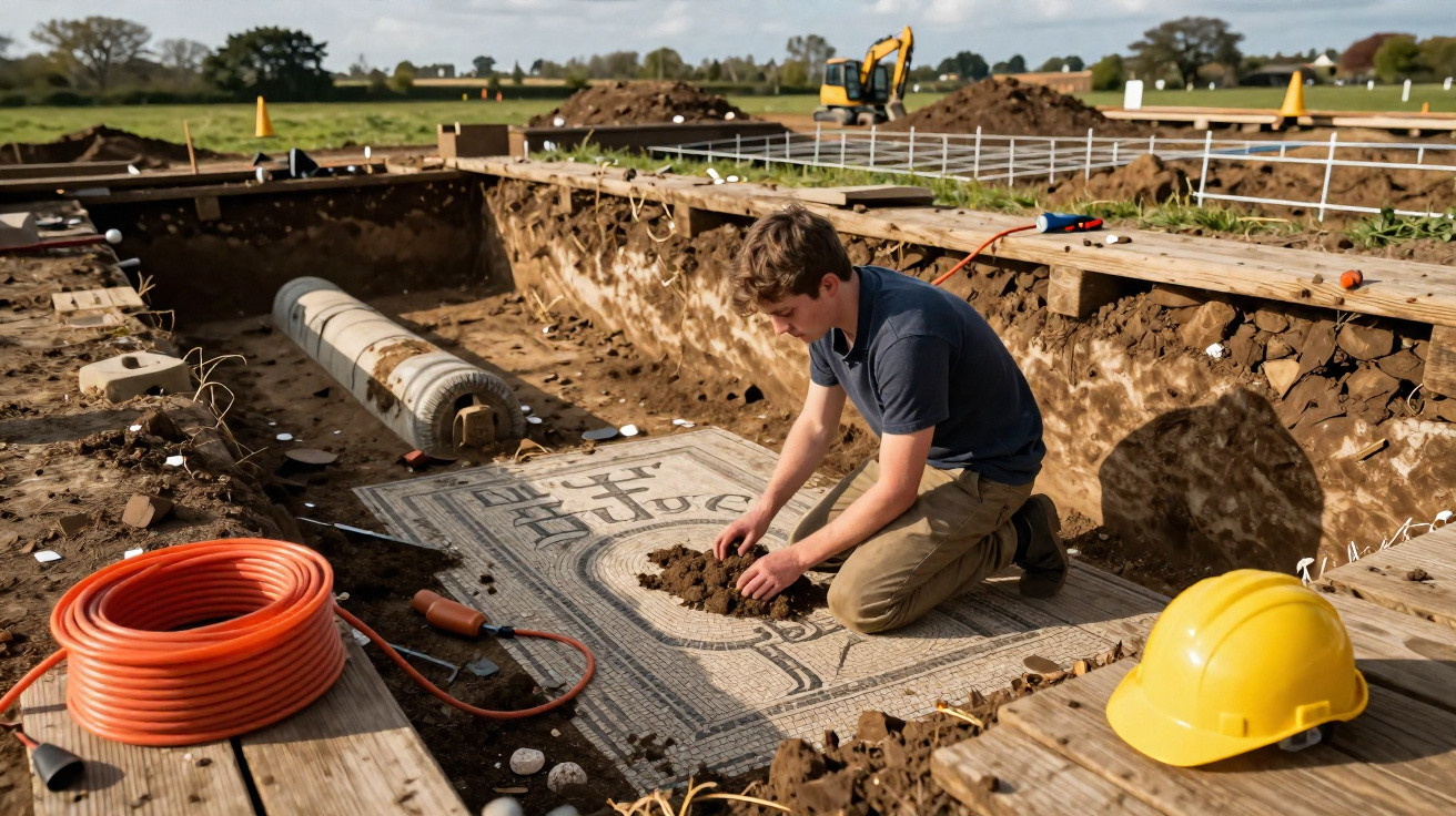 Archaeologist excavates a Roman mosaic floor at an open-air dig site with tools and machinery nearby.