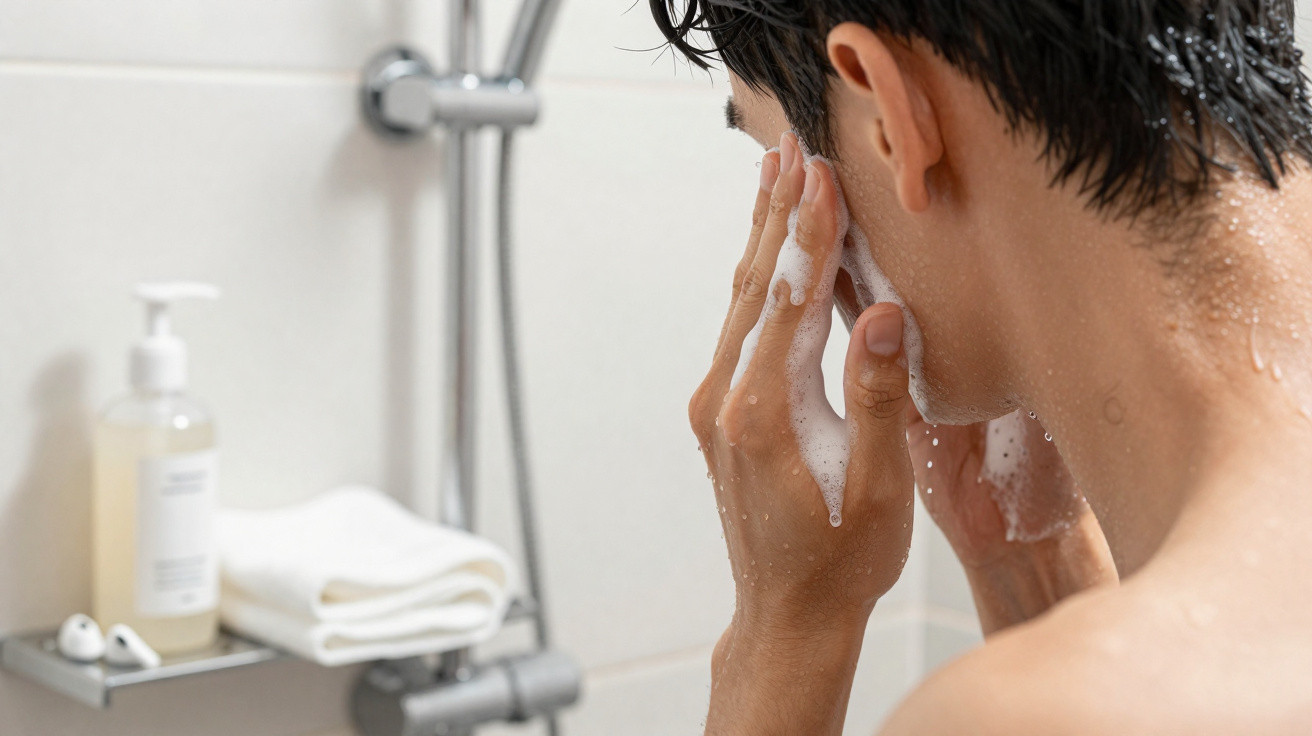 Person washing face with foam in a tiled bathroom next to a shower and a shelf with soap and towels.
