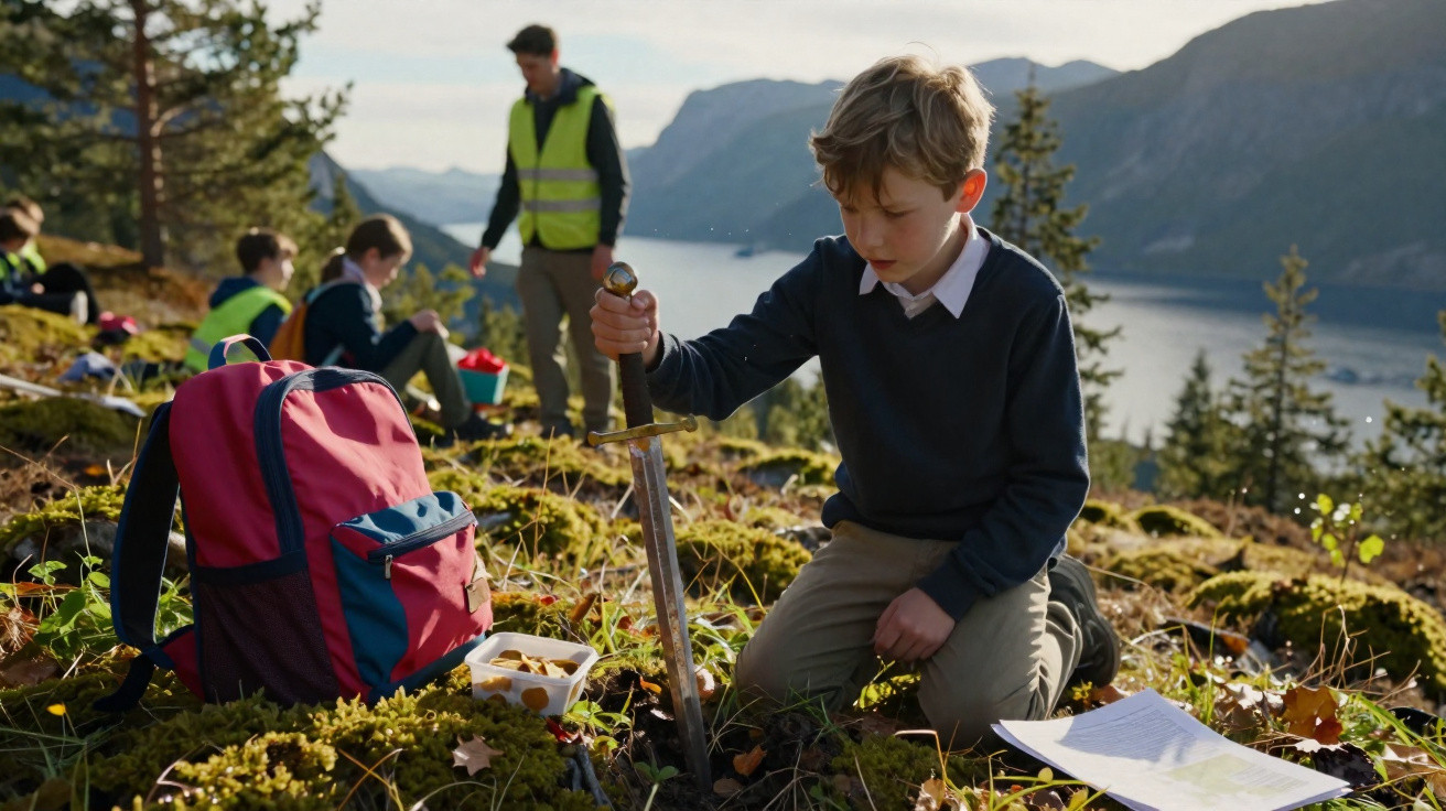 Boy kneeling on mossy hillside, holding a sword, with backpack, snacks and paper nearby, lake and mountains in background.