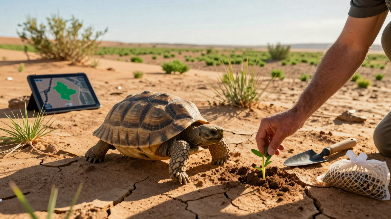 Tortoise on dry cracked soil near a person planting a small green seedling with gardening tools nearby.