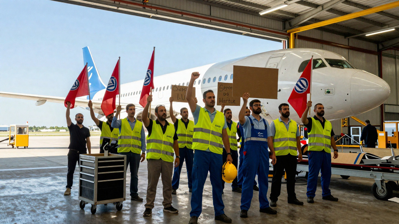 Airport workers wearing high-visibility vests holding flags and signs in front of a plane during a protest.
