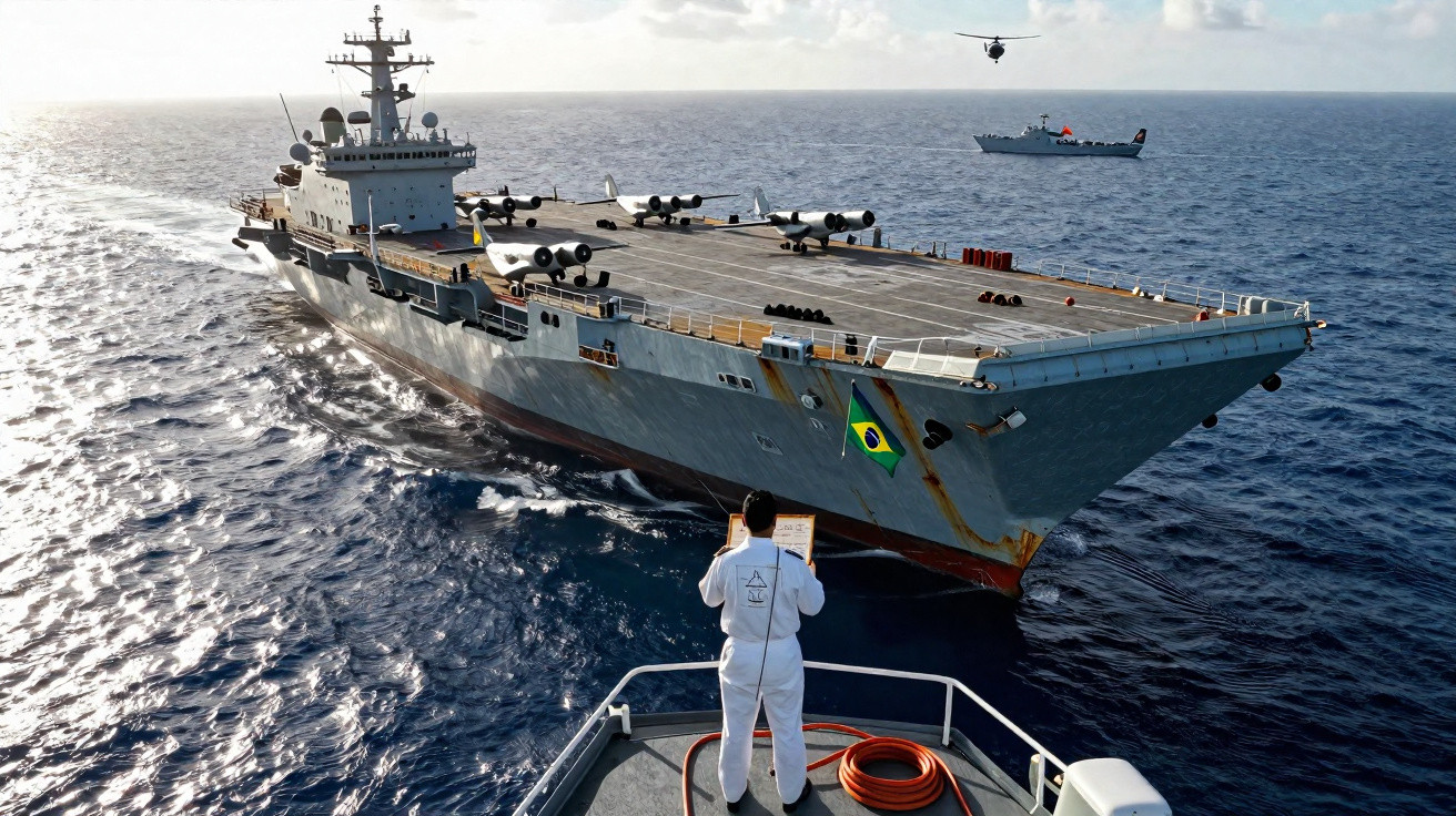 Brazilian aircraft carrier sailing at sea with crew member on another ship's deck in foreground and helicopter in distance.