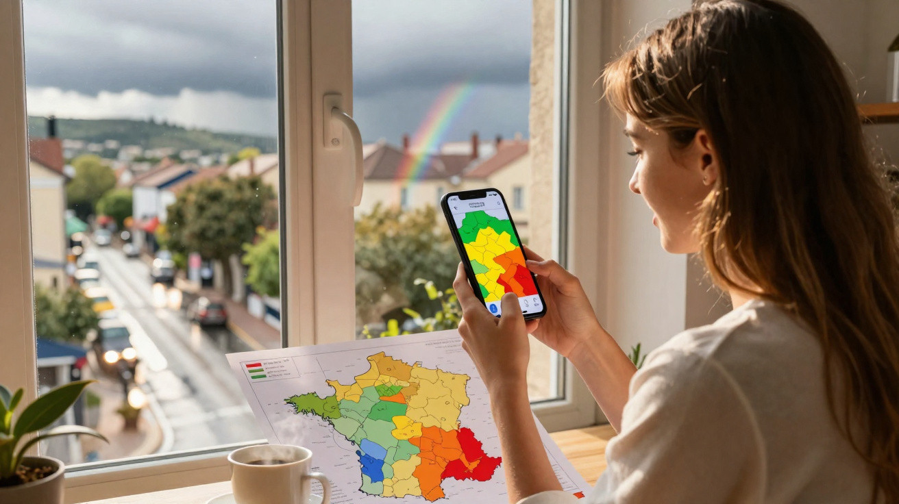 Woman checking a weather alert map on her phone and paper with a rainbow visible outside the window on a rainy day.