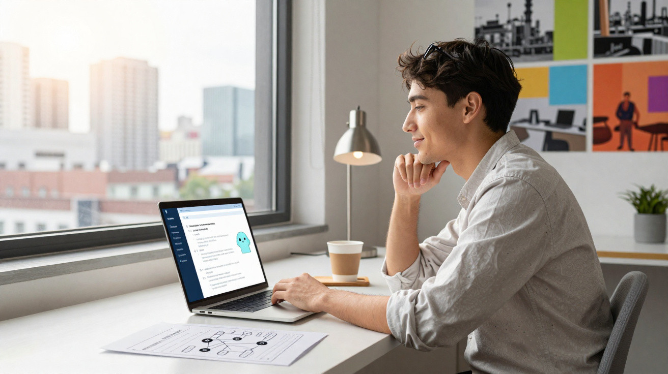 Young man working on a laptop at a desk by a window with city buildings visible outside.