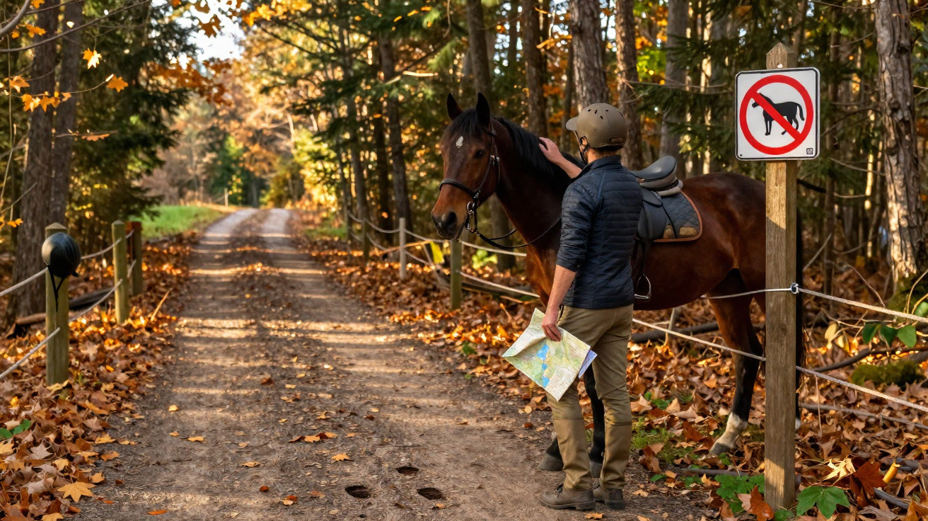 Man with a map stands beside a saddled horse on a forest path near a no dogs allowed sign in autumn.