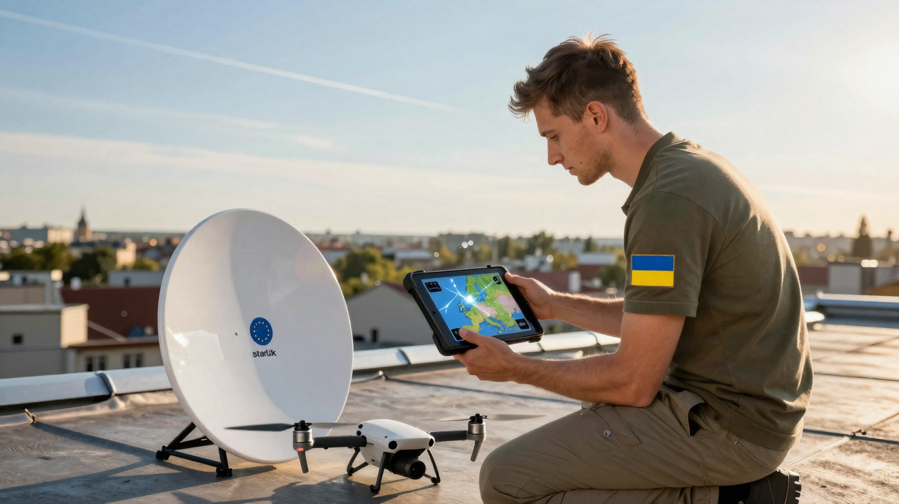 Man with Ukrainian flag patch using a tablet near a Starlink satellite dish and a drone on a rooftop.