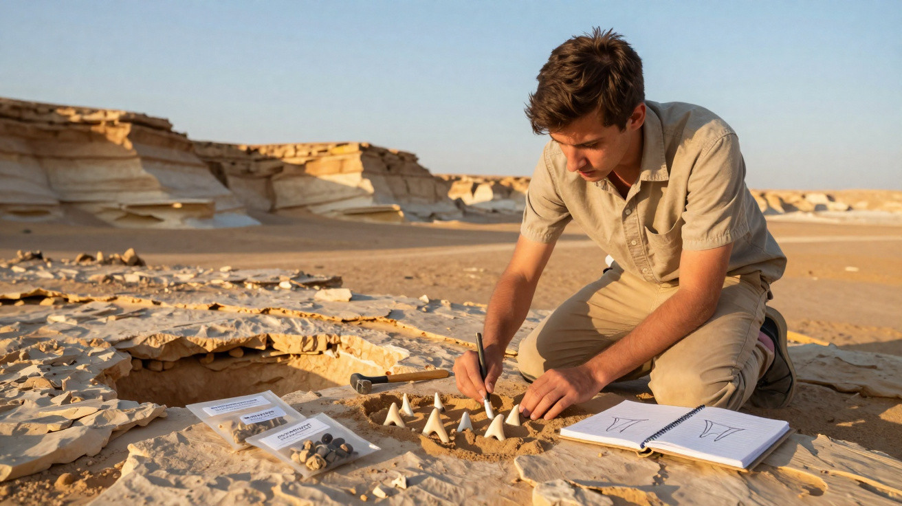 Archaeologist examining fossils and drawing sketches at an excavation site in a desert landscape.