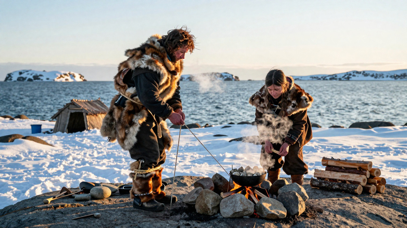 Two people in fur clothing cooking over an open fire on a snowy rocky shore by the sea.