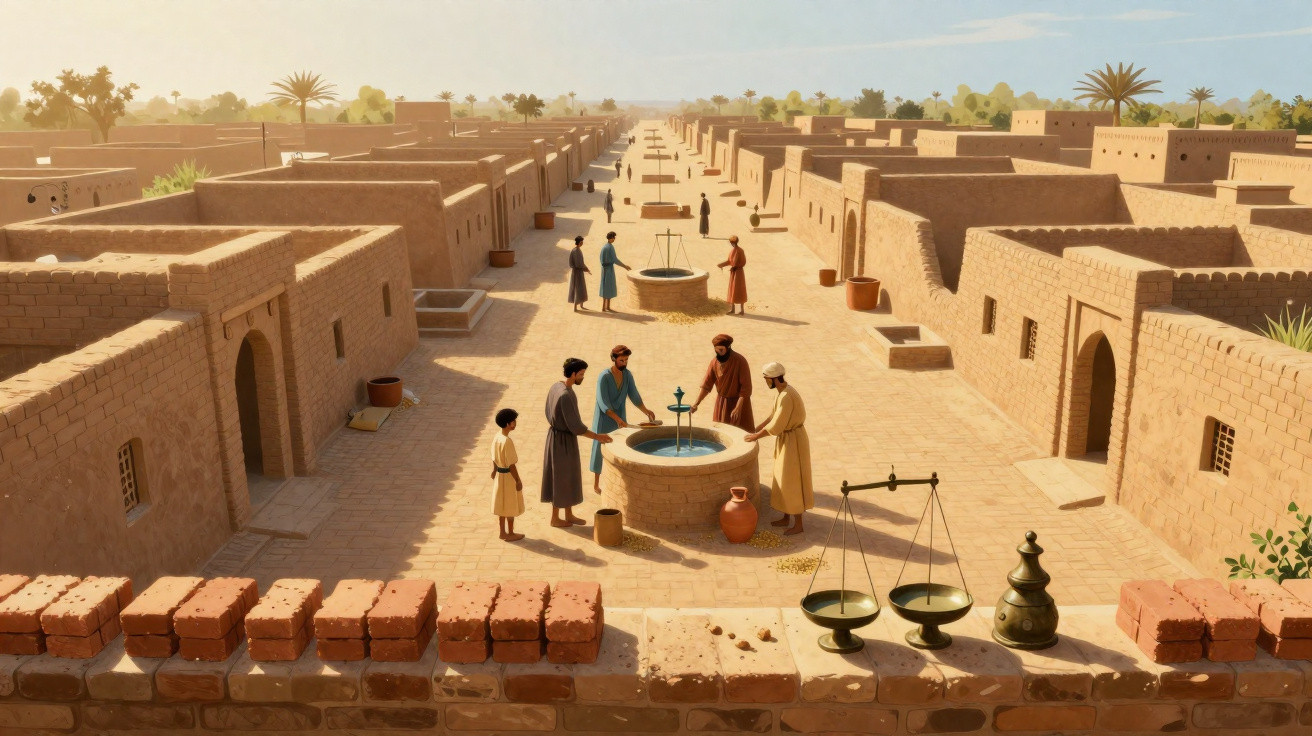 Ancient village street with people gathered around a central water well and mud-brick houses lining the road.