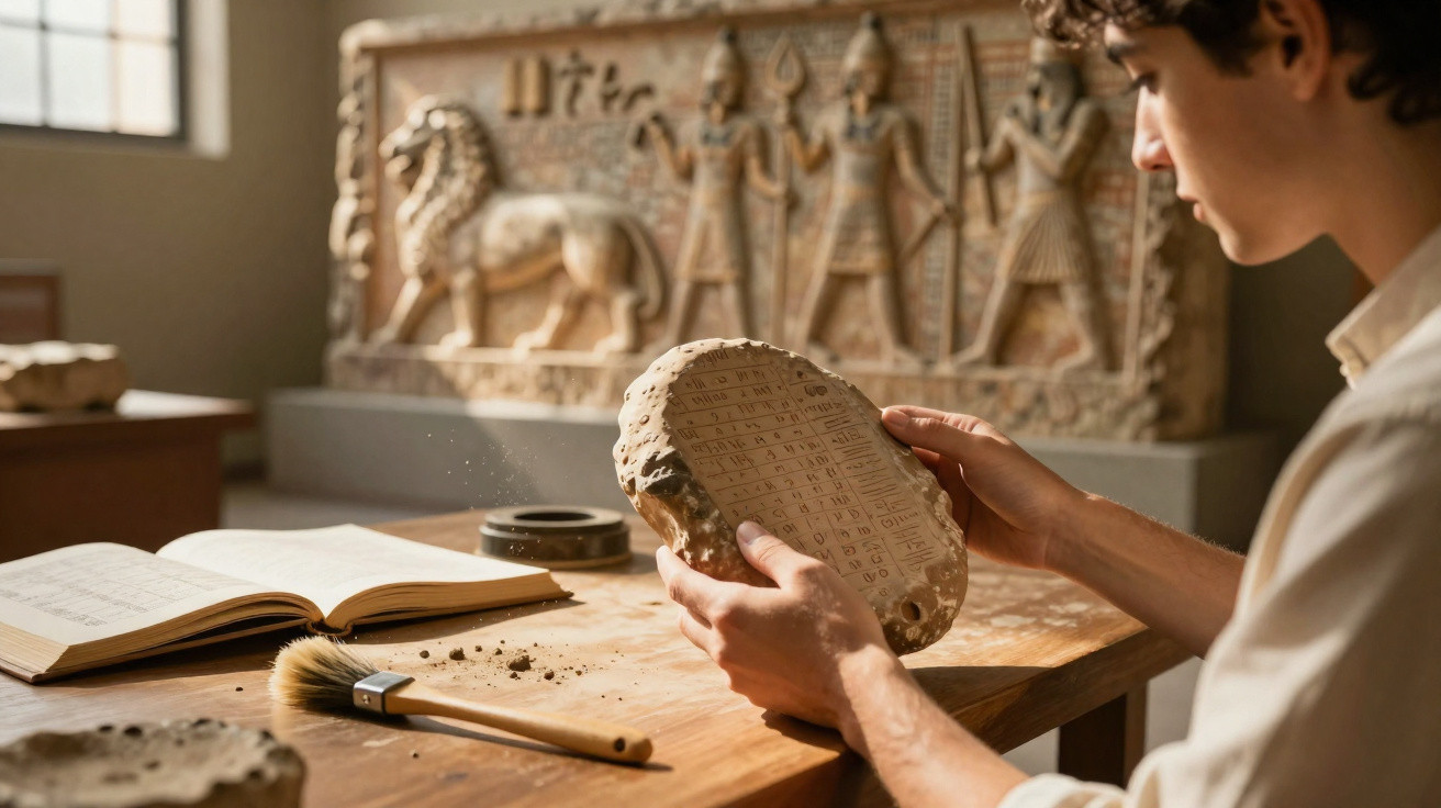 Person examining an ancient inscribed stone tablet at a wooden desk with a book and carving brush nearby.