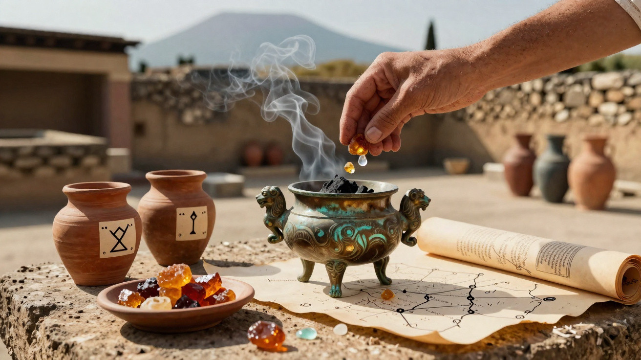 Hand dropping amber stones into a smoking antique incense burner on a stone table with pottery and a map.