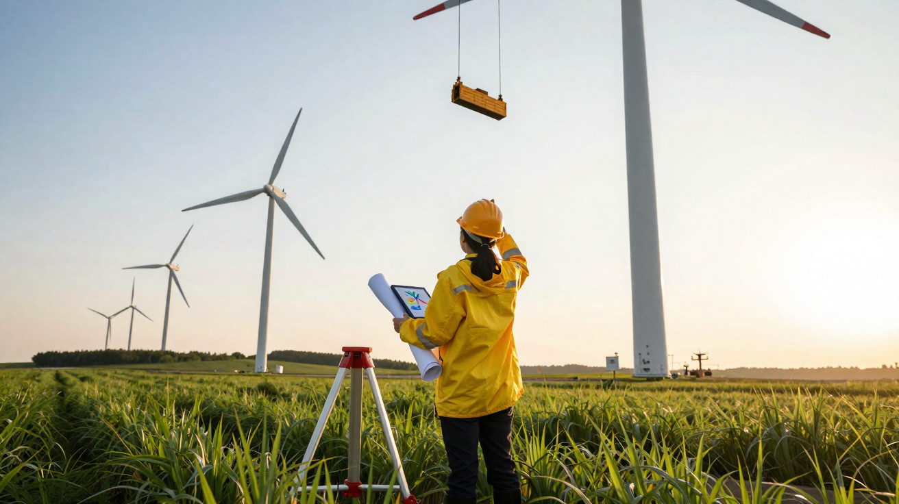 Engineer in yellow jacket and helmet inspects wind turbine installation in grassy field at sunset.