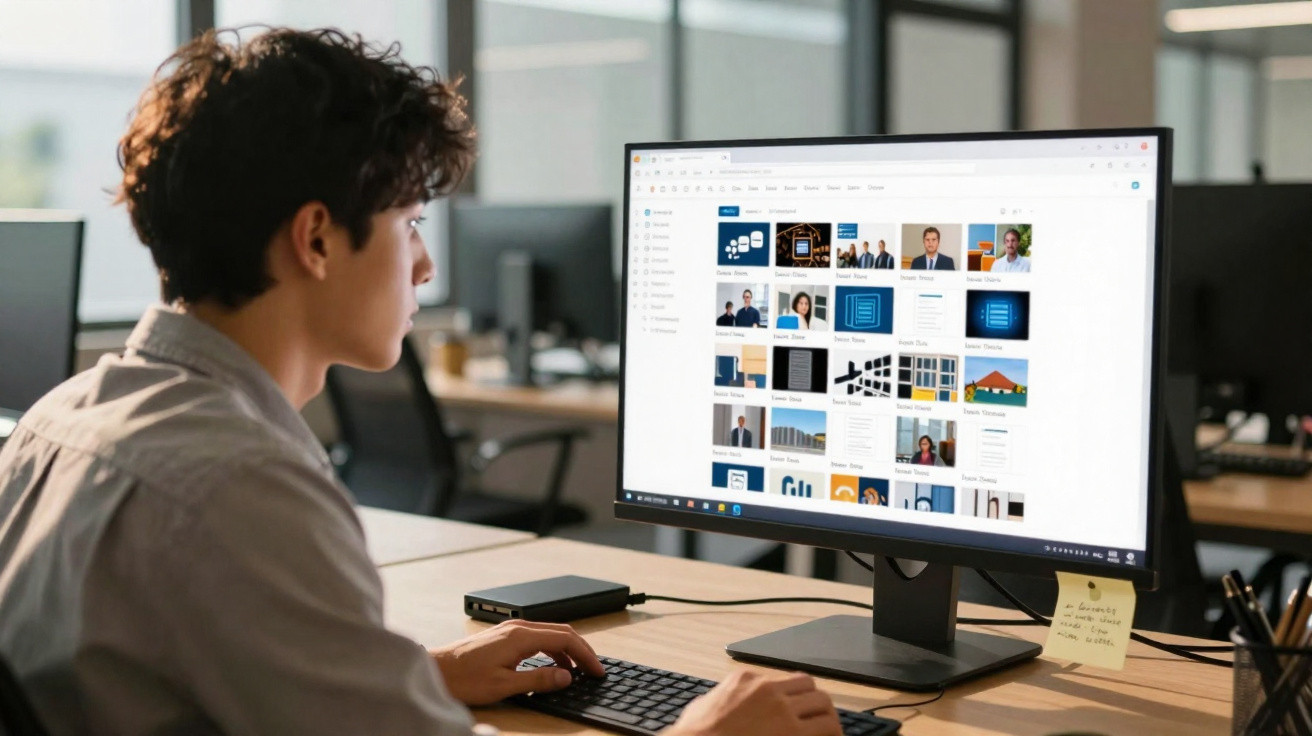 Person viewing a large monitor displaying multiple thumbnail images in a modern office setting.