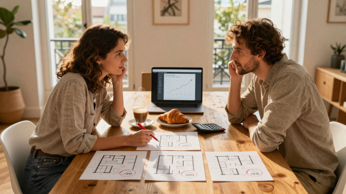 A man and woman discussing house plans and prices at a wooden table with a laptop and coffee.