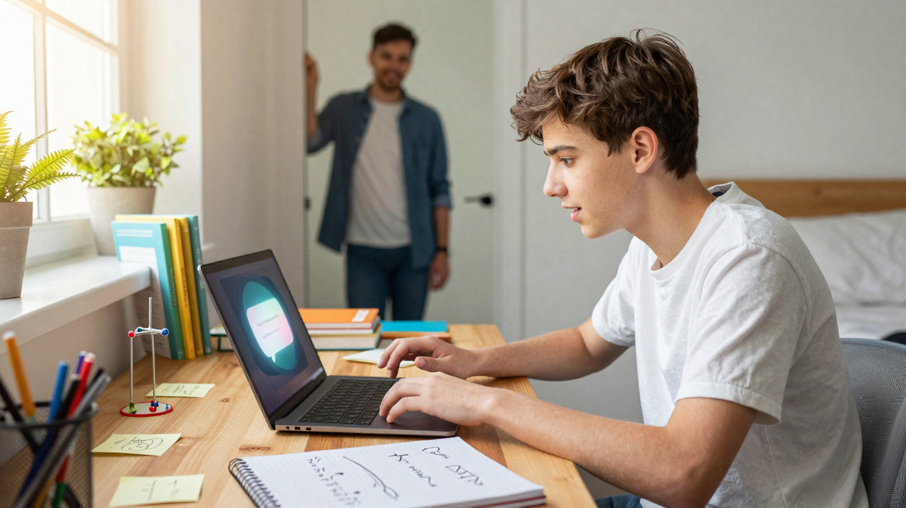 Teenager using a laptop at a desk with notebooks and stationery while an adult stands in the background.