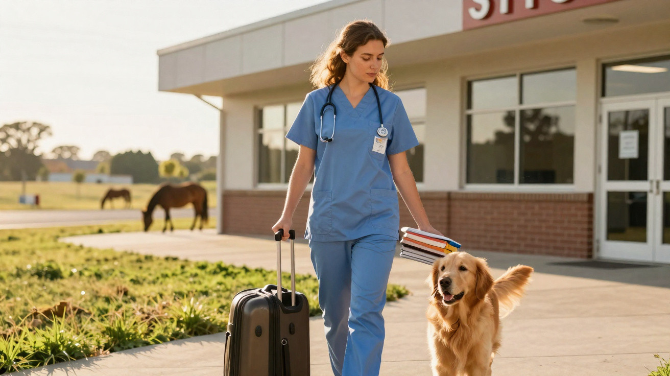 Female veterinarian in scrubs walking with a golden retriever outside a clinic, holding books and a suitcase.