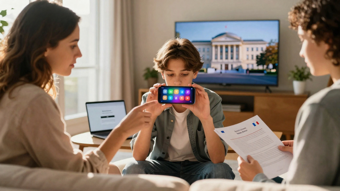 Three people in a living room, one holding a smartphone showing colourful apps, others holding documents and a laptop nearby.