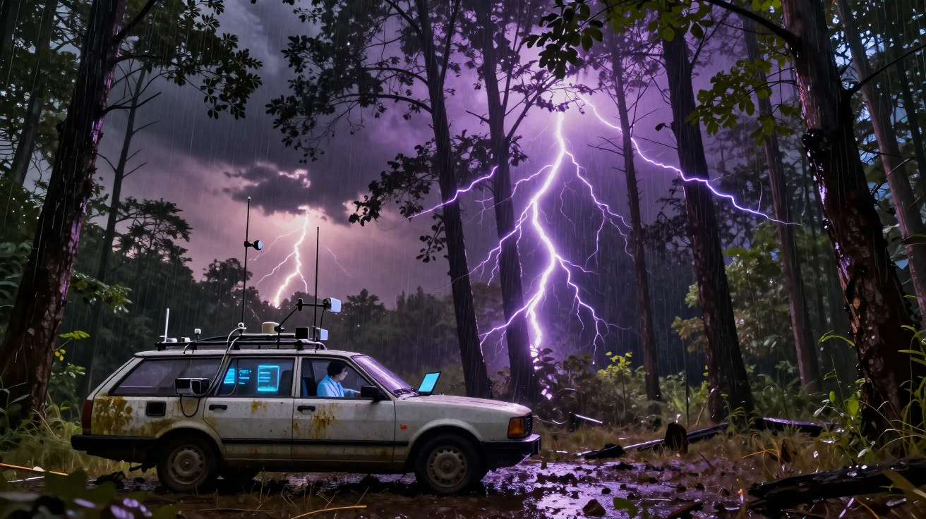 Old white car with antennas and a person inside, parked in a dark forest during a purple lightning storm.