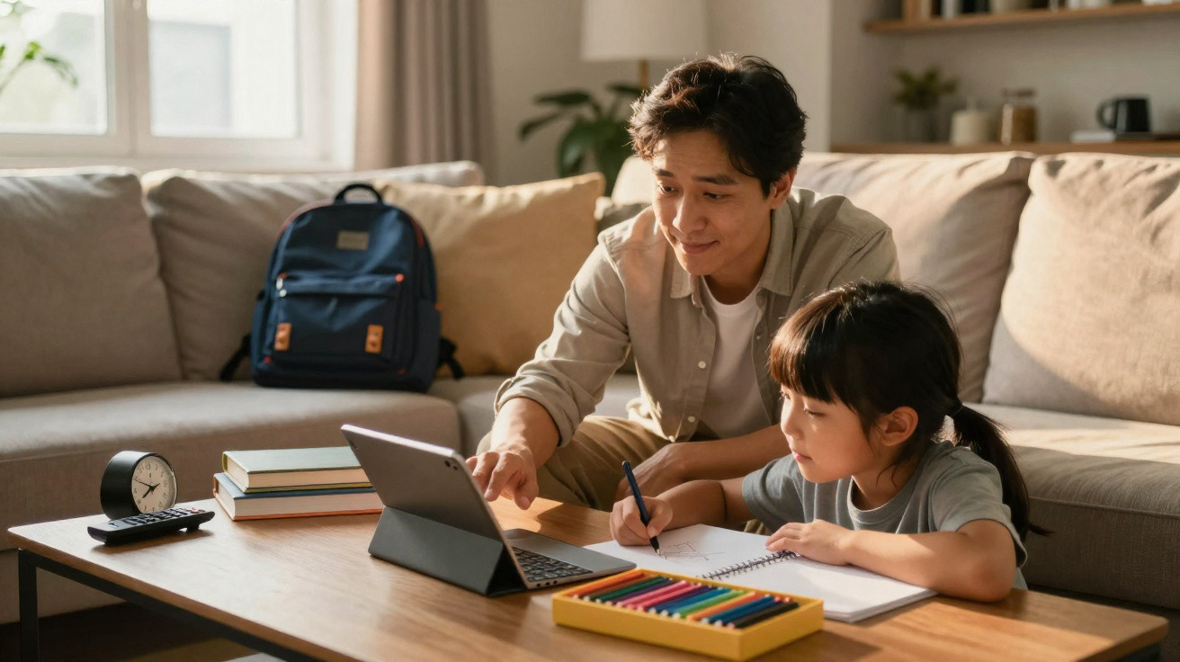 Father helping daughter with homework using a laptop at a wooden table in a cosy living room.
