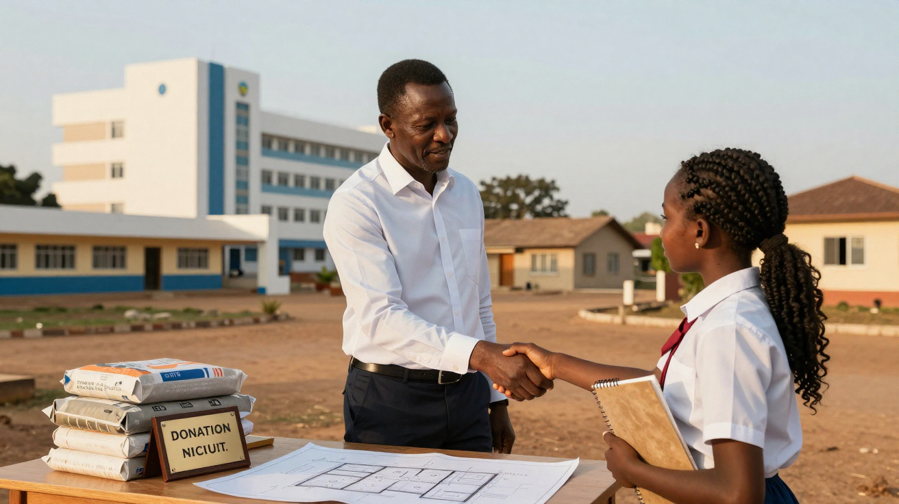Man and schoolgirl shaking hands outdoors by table with donation packages and building plans at school.