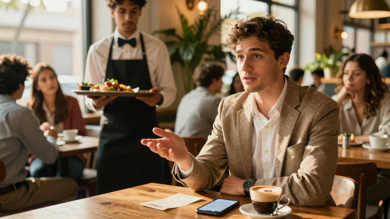 Man in beige blazer gesturing while talking at a café table with a waiter bringing food nearby.