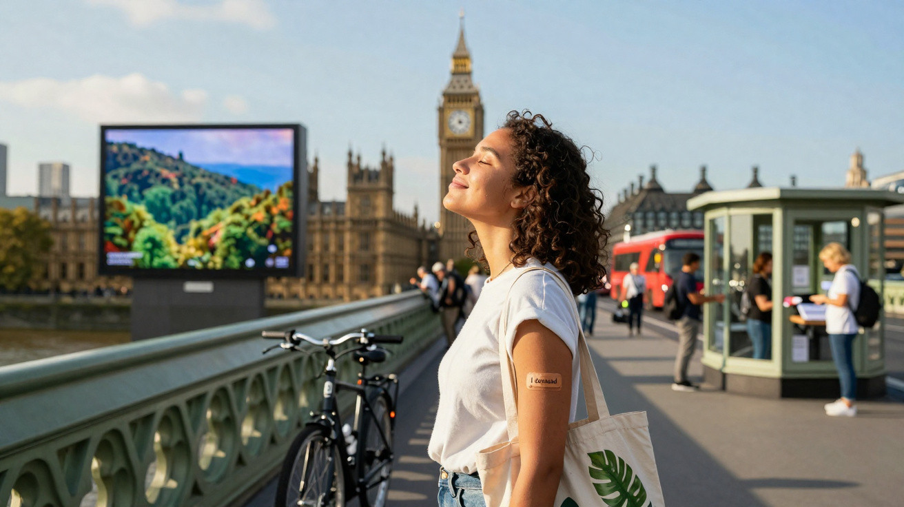 Woman enjoying sunshine on Westminster Bridge with Big Ben and the Houses of Parliament in the background.