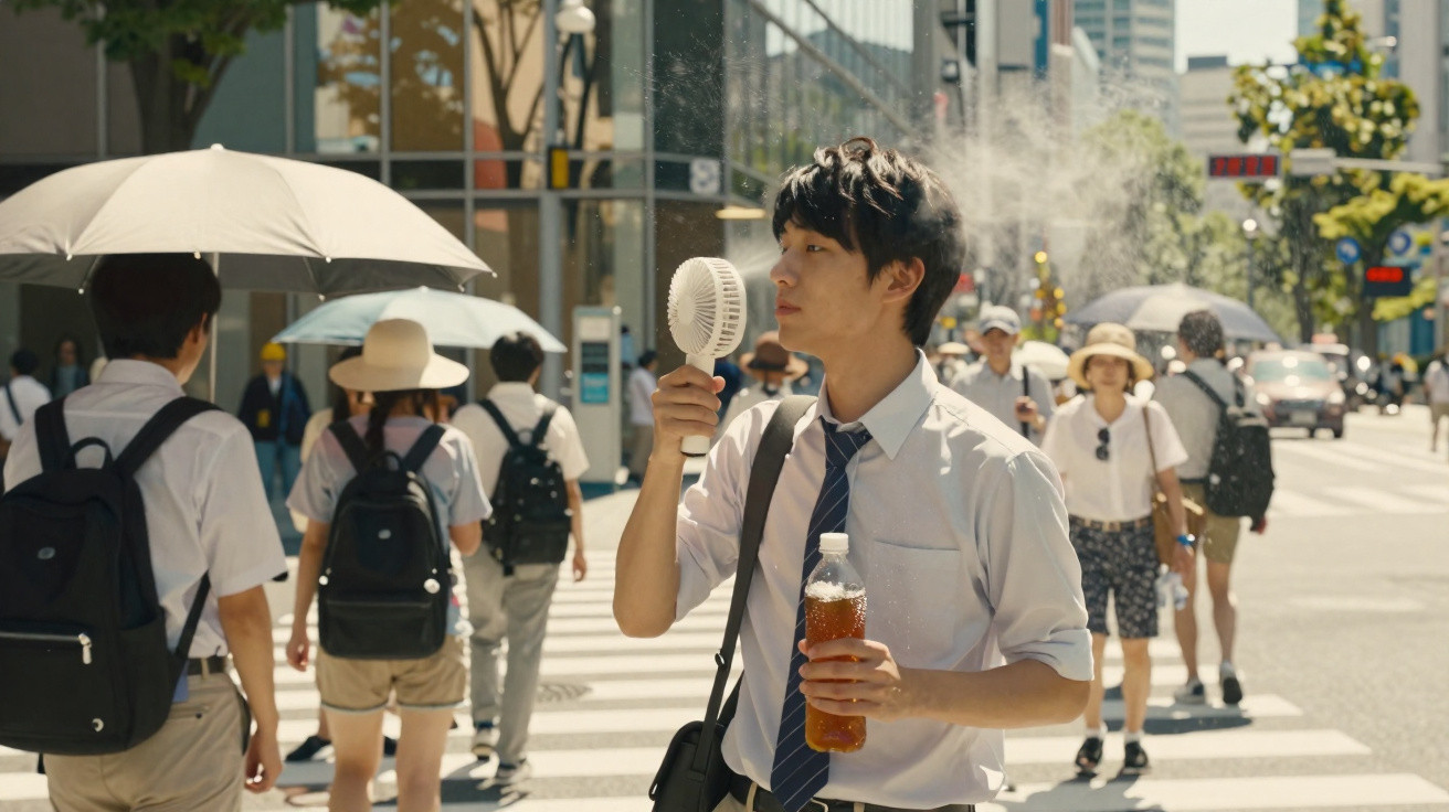 Young man in shirt and tie using a handheld fan and holding a drink while crossing a busy city street on a sunny day.